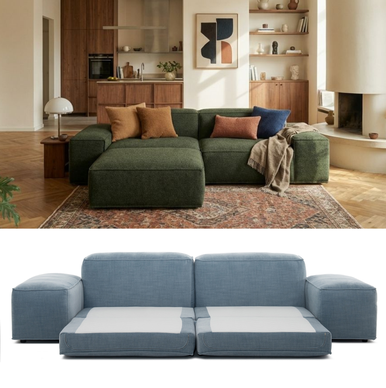 MERLOT corner sofa 3-seat low armrest — sleeping function detail, view 1