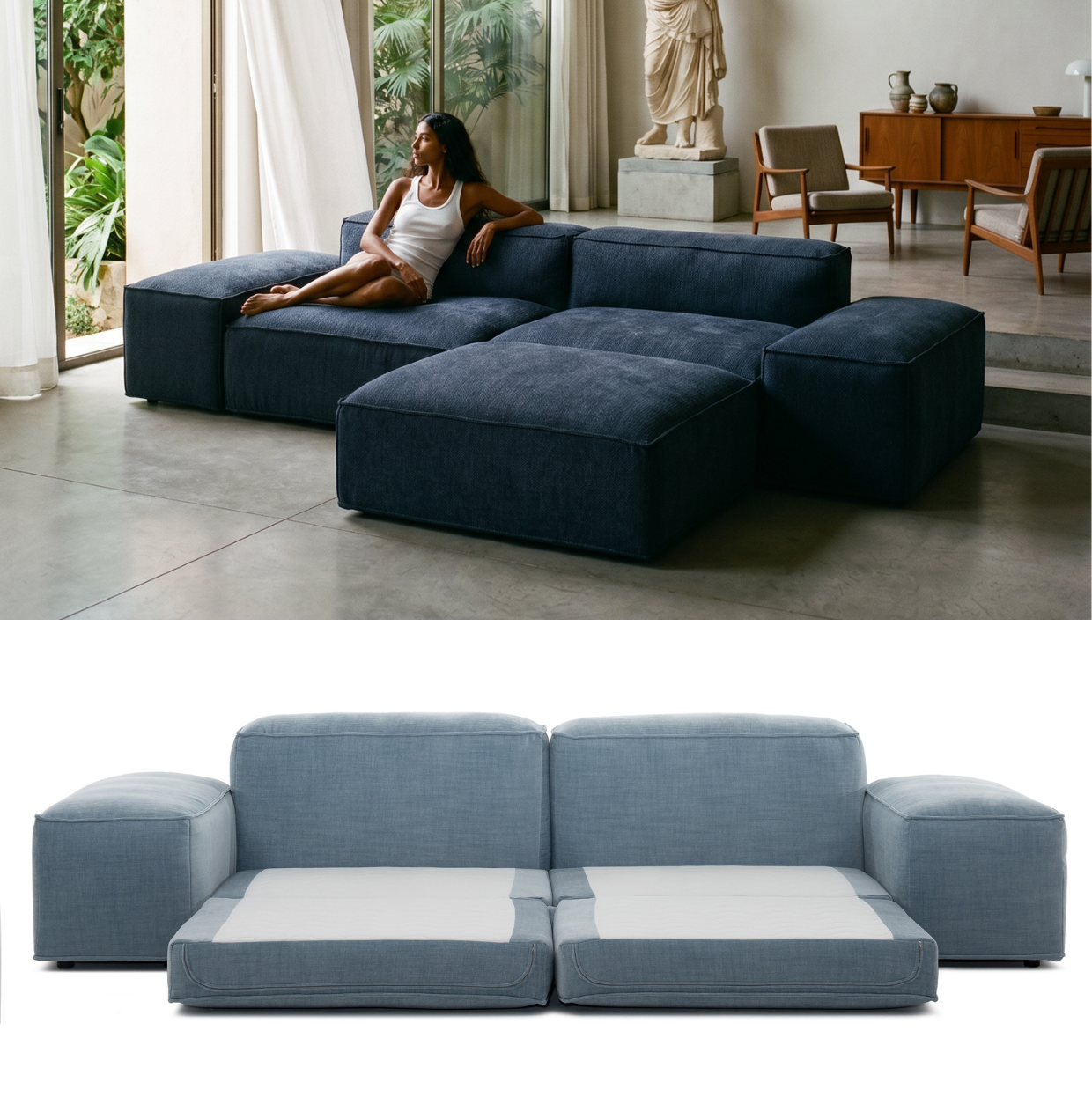 MERLOT corner sofa 3-seat low armrest — sleeping function detail, view 3