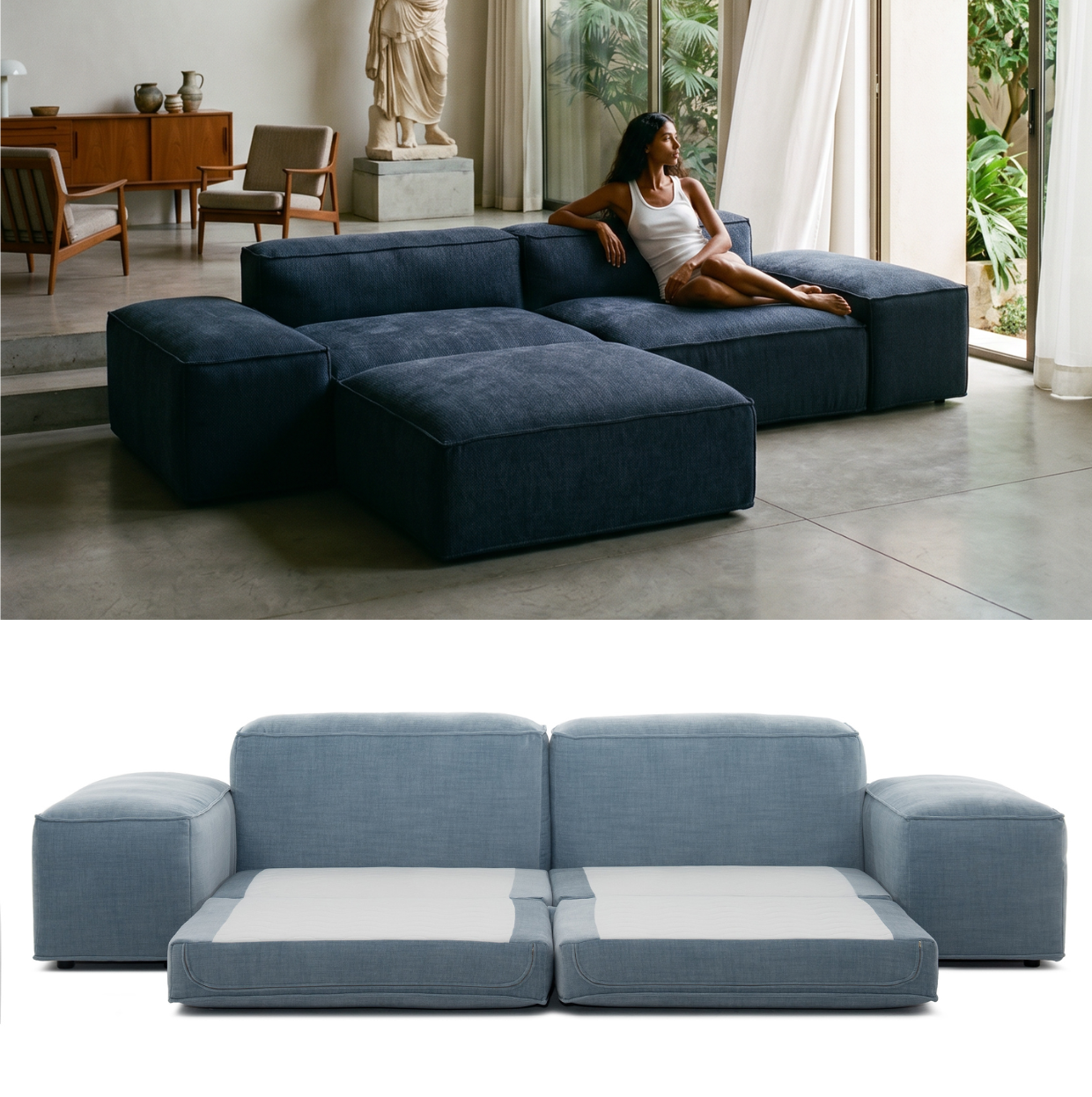 MERLOT corner sofa 3-seat low armrest — sleeping function detail, view 4