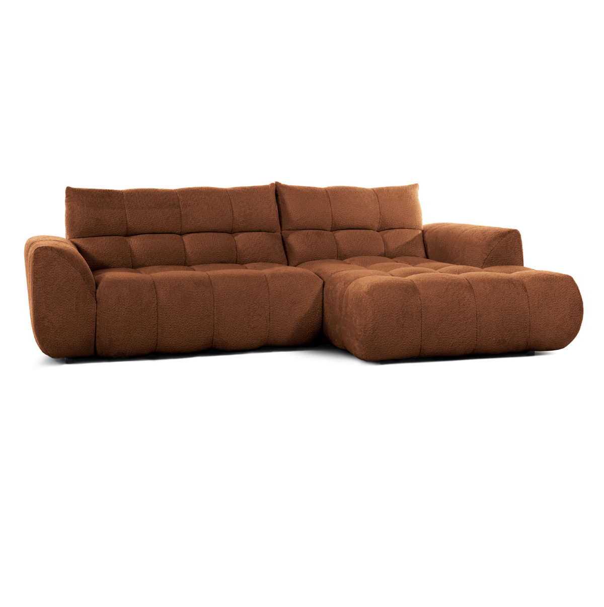 Burnt orange living room with an ASTI orange corner sofa in Deep Terra chenille by Furni