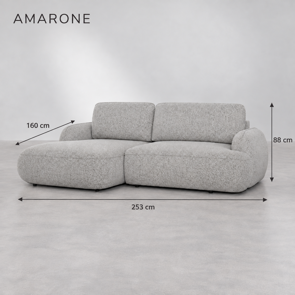 AMARONE — wymiary 253 × 160 × 88 cm na tle studyjnym